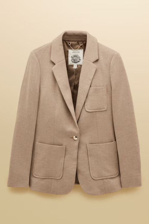 Discover the Joules Albury cotton-rich blazer — a relaxed yet tailored layer with soft jersey tweed, front pockets and subtle embroidered detail, perfect for effortless everyday style.