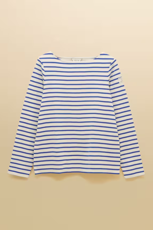 Shop the Joules Harbour blue and white stripe boat neck top — a heritage-inspired relaxed fit in soft cotton jersey, perfect for everyday styling with dresses, jeans or chinos.