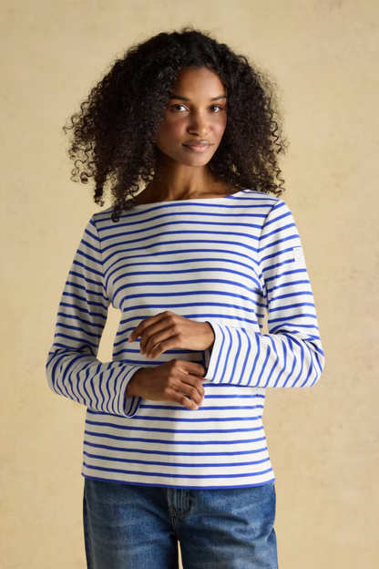 Shop the Joules Harbour blue and white stripe boat neck top — a heritage-inspired relaxed fit in soft cotton jersey, perfect for everyday styling with dresses, jeans or chinos.