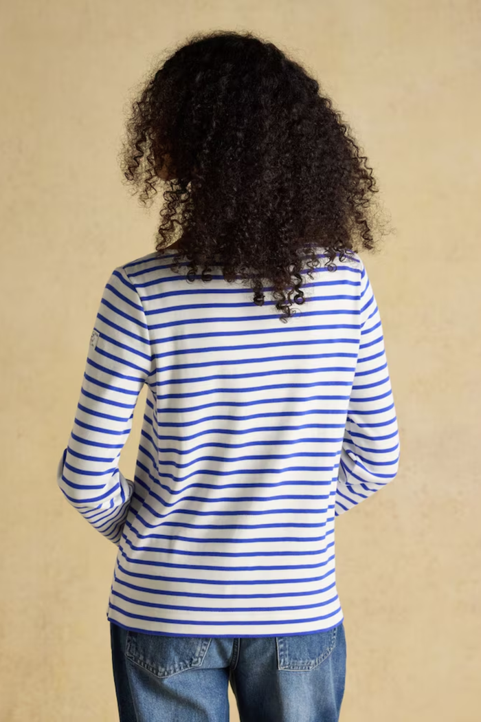 Shop the Joules Harbour blue and white stripe boat neck top — a heritage-inspired relaxed fit in soft cotton jersey, perfect for everyday styling with dresses, jeans or chinos.