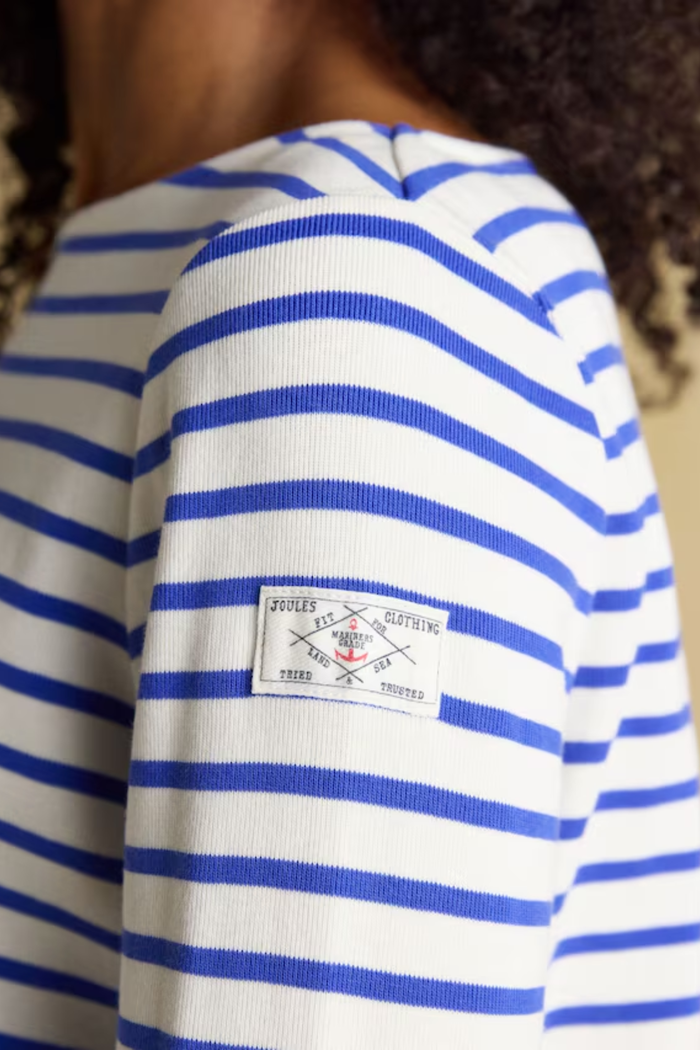 Shop the Joules Harbour blue and white stripe boat neck top — a heritage-inspired relaxed fit in soft cotton jersey, perfect for everyday styling with dresses, jeans or chinos.