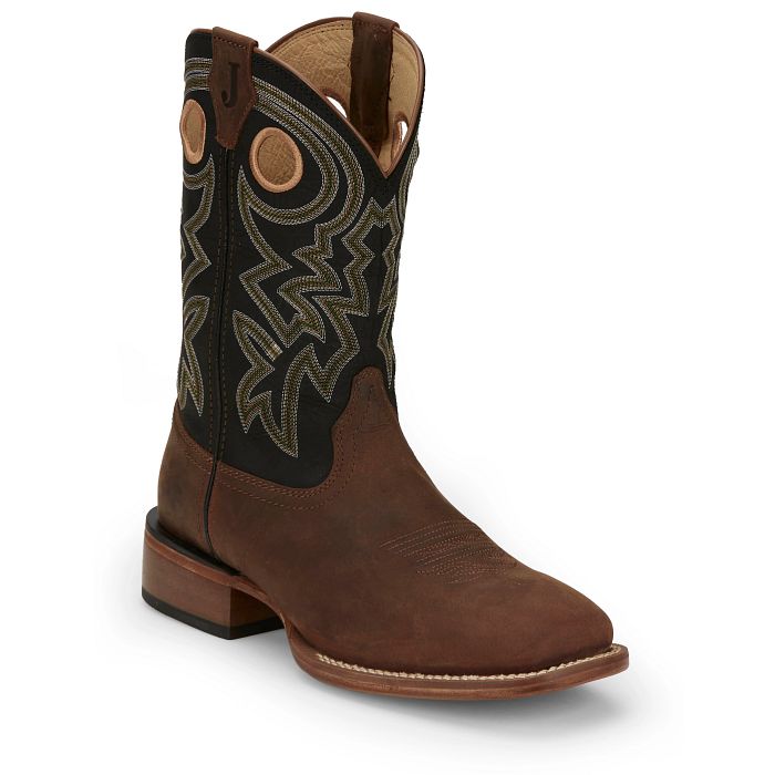 Justin Men's Big News Western Boot in Black & Brown Cowhide