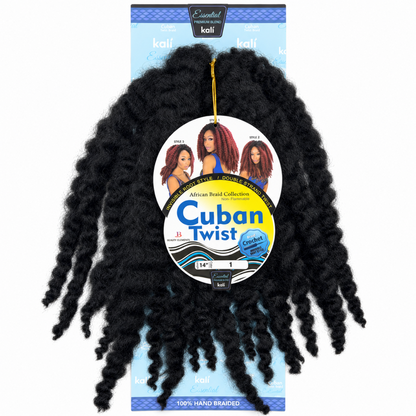 Kali Essential Cuban Twist Crochet Hair 14" in Colour 1 Black, 100% hand braided crochet hair with textured double-strand twists for protective hairstyles.