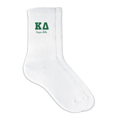 Kappa Delta sorority crew socks featuring Greek letters and sorority name on white sporty crew socks