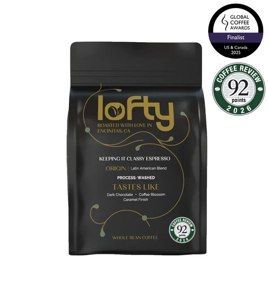 Front View of Keeping it Classy Espresso bag with Coffee review score badge of 92 points 2026 and Global Coffee Awards Finalist for 2025 US and Canada