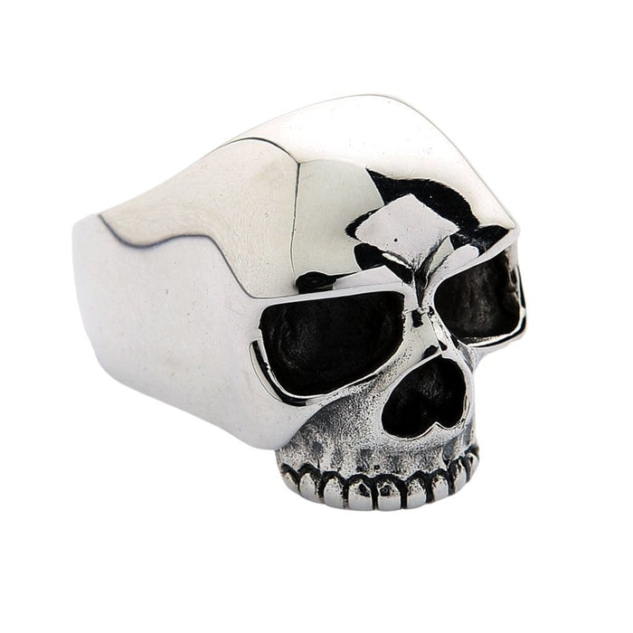 Right-angle view highlighting oxidized eye sockets and heart-shaped nasal cavity on the sterling silver skull ring