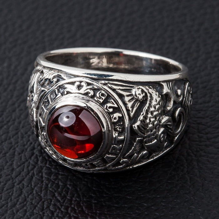 Japanese koi carp silver ring showing detailed engravings and red cabochon