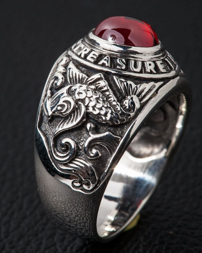 Oxidized silver koi fish ring highlighting detailed fish scales and scrollwork
