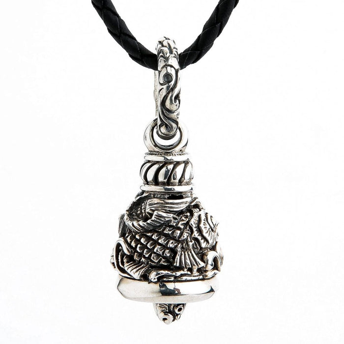 Back view of 26 gram solid sterling silver Koi Guardian Bell with braided leather necklace
