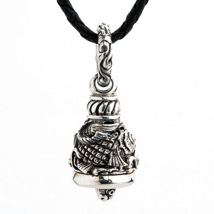 Back view of 26 gram solid sterling silver Koi Guardian Bell with braided leather necklace