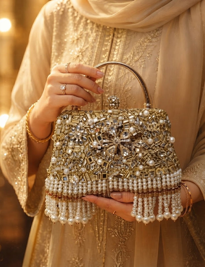 Kundan Work Pearl Tassel Clutch – Gold Embellished Bridal Bag
