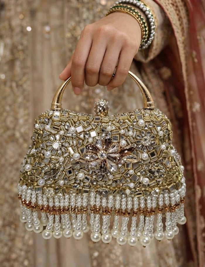 Kundan Work Pearl Tassel Clutch – Gold Embellished Bridal Bag