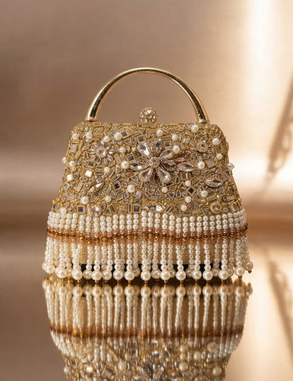 Kundan Work Pearl Tassel Clutch – Gold Embellished Bridal Bag