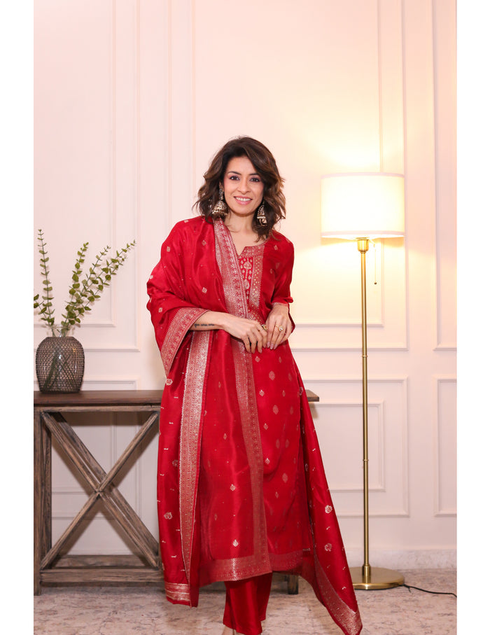 Laal Noor Brocade Russian Silk Kurta Set