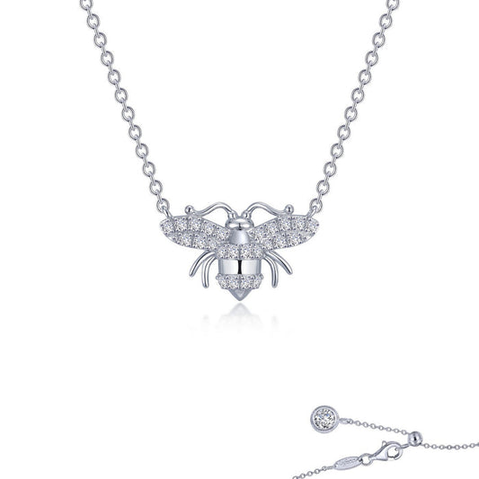 Fun and sweet. Wear on its own or add to your favorite layer of necklaces. This adjustable busy bee necklace features Lafonn's signature simulated diamonds in sterling silver bonded with platinum. Bee is a symbol of hard work, commitment, and resilience.  CTW: 0.49 SKU: N0253CLP20 STONE COUNT: 25 CENTER STONE: N/A DIMENSION: Approx. 16.7 mm (W) x 10.3 mm (H) LENGTH: Approximate length: 20 inches