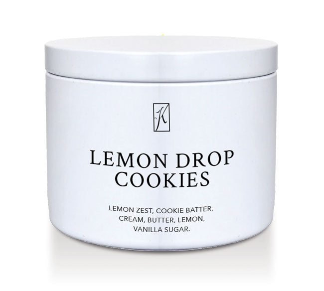 Lemon Drop Cookies' scented candle in a tin container on a white background by Kringle Candle