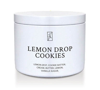 Lemon Drop Cookies' scented candle in a tin container on a white background by Kringle Candle