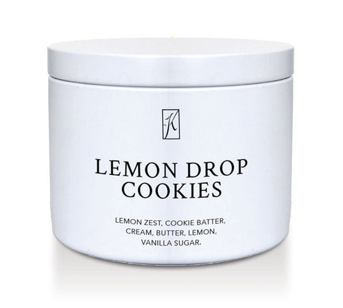 Lemon Drop Cookies' scented candle in a tin container on a white background by Kringle Candle