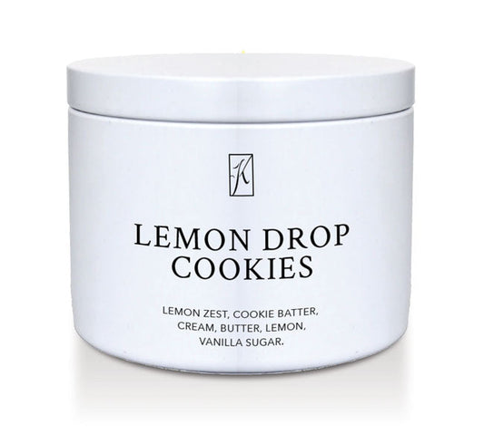 Lemon Drop Cookies' scented candle in a tin container on a white background by Kringle Candle