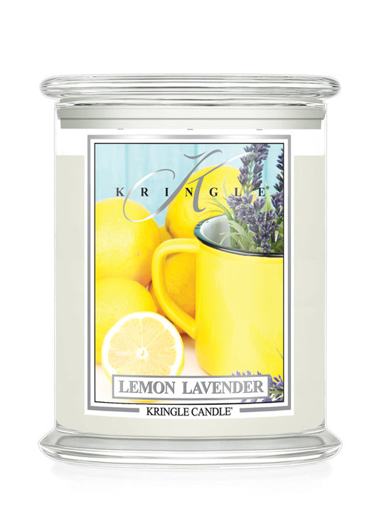 Kringle Candle Lemon Lavender candle with a lemon and lavender design on the label.