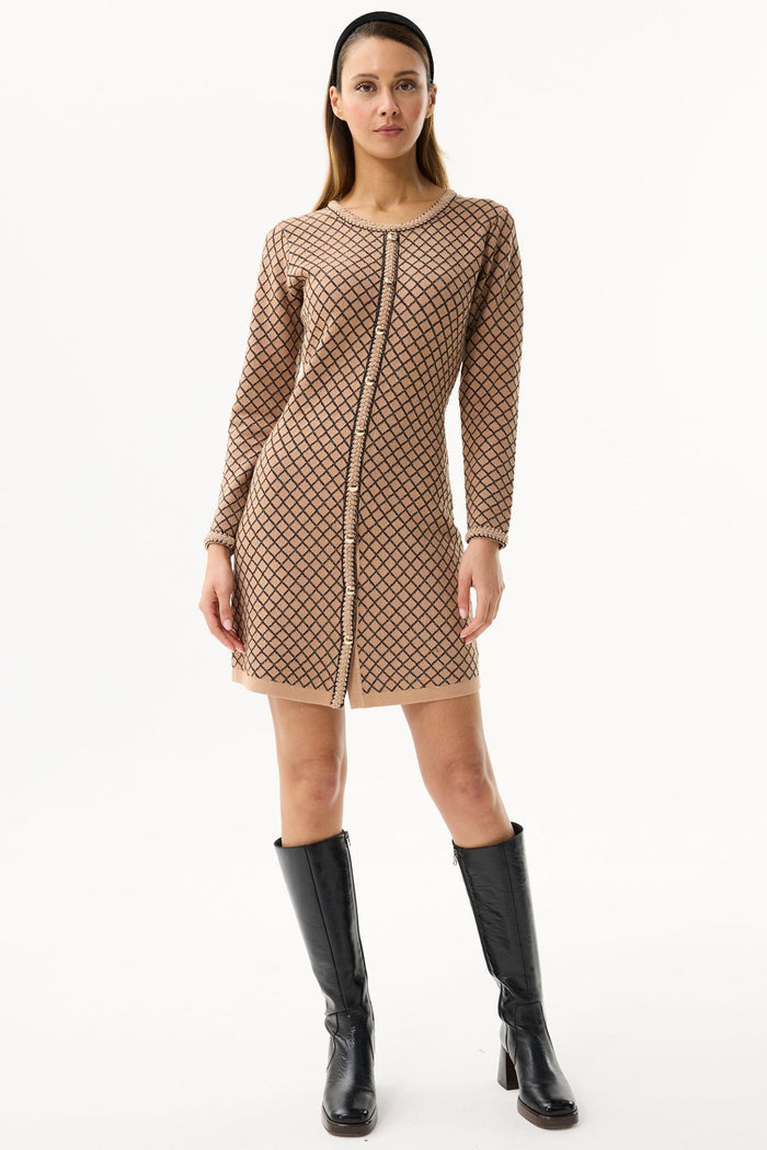 Leo and Ugo AWR194 Beige Diamond Pattern Knit Dress - Dotique - Leo & Ugo