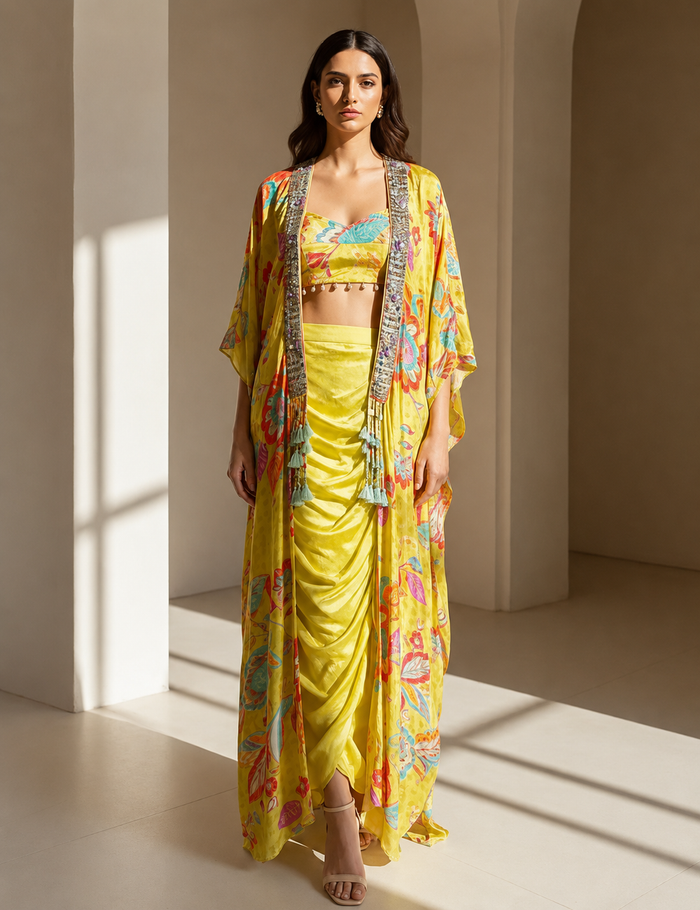 Lime Crepe Floral Cape Set