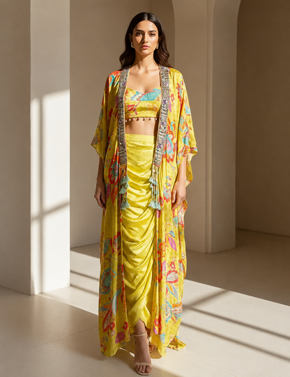 Lime Crepe Floral Cape Set