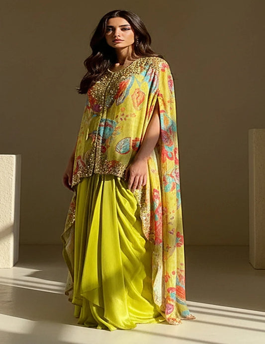 Lime Crepe Floral Cape Set