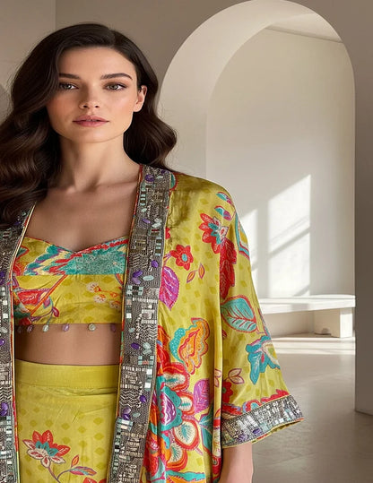 Lime Crepe Floral Cape Set