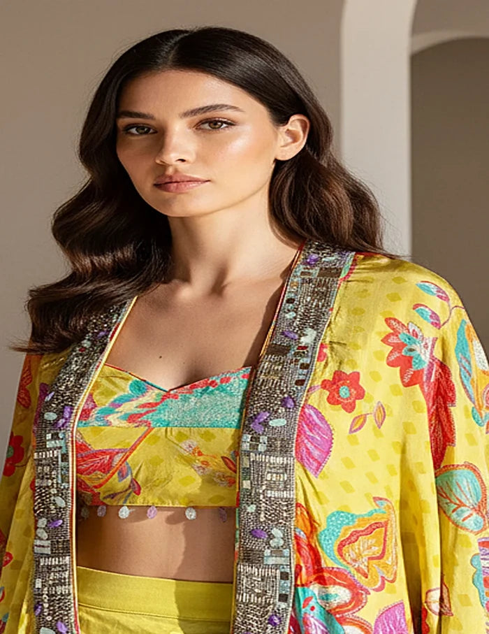 Lime Crepe Floral Cape Set