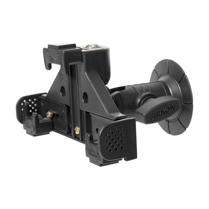The LockVise® Locking Phone Holder with OCTO™ Series Adhesive Mount is a black, adjustable car phone holder featuring an adhesive base, spring-loaded grips, and an adjustable arm for dashboard or windshield use.