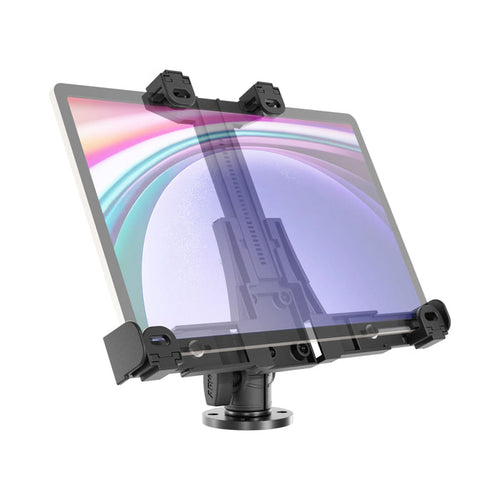A black LockVise™ POS Drill-Base Locking Tablet Mount with an adjustable clamp securely holds a tablet featuring a vibrant display of abstract curved lines and gradient hues. The mount is positioned on a flat, circular base for stable support.