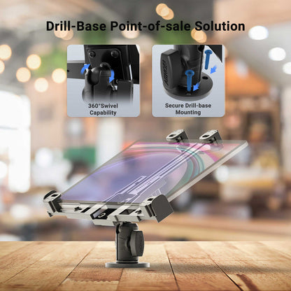 LockVise™ POS Drill-Base Locking Tablet Mount displayed on a counter, featuring 360° swivel functionality and a secure drill-base design, with close-up images highlighting the mount’s locking features.