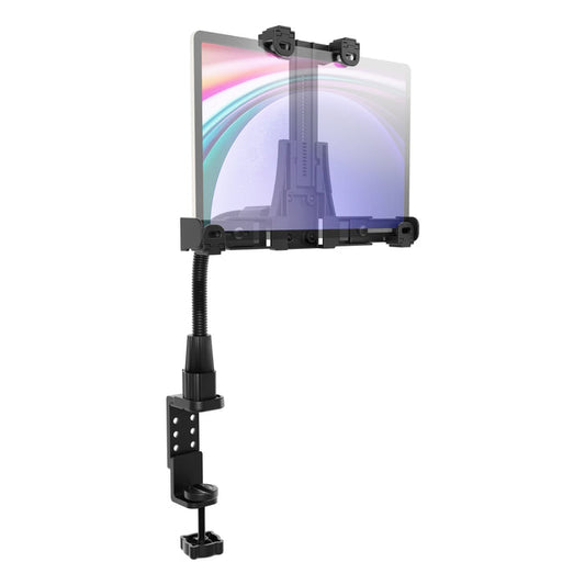 The LockVise™ POS Locking Tablet Holder with 12” Gooseneck Clamp Mount features an adjustable black locking design with a clamp base, flexible gooseneck arm, and four secure corner grips. Easily mounted on the edge of a surface, it holds your tablet vertically—making it the ideal reliable tablet holder for restaurants and busy commercial environments.