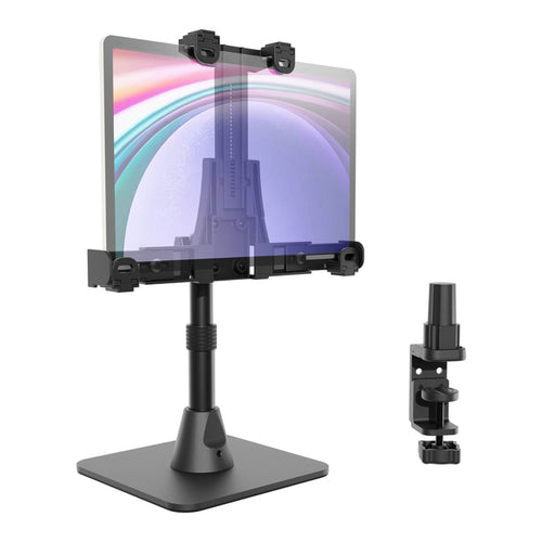 The LockVise™ POS Locking Tablet Stand, a black adjustable tablet stand with a clamp mount designed for secure POS mounting, holds a tablet in landscape orientation. It is displayed on a white background alongside its detachable desk clamp accessory.