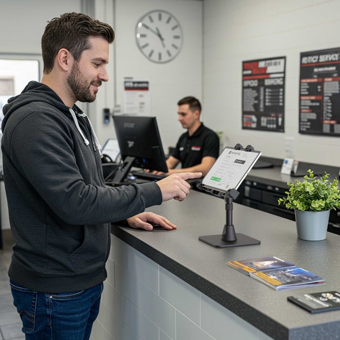 A man uses a touchscreen tablet mounted on a LockVise™ POS Locking Tablet Stand at a service counter, while another man works on a computer in the background. There is a small plant and brochures on the counter, and a clock on the wall.
