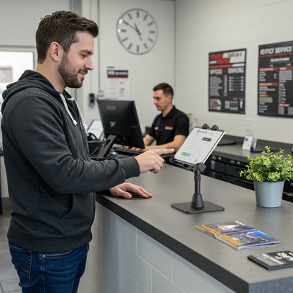 A man uses a touchscreen tablet mounted on a LockVise™ POS Locking Tablet Stand at a service counter, while another man works on a computer in the background. There is a small plant and brochures on the counter, and a clock on the wall.
