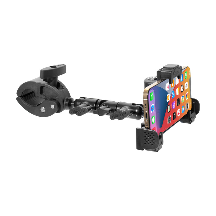 The LockVise™ Universal Locking Phone Holder features a multi-angle arm with adjustable joints and grips, securely mounting your phone to handlebars, poles, and more for versatile use.