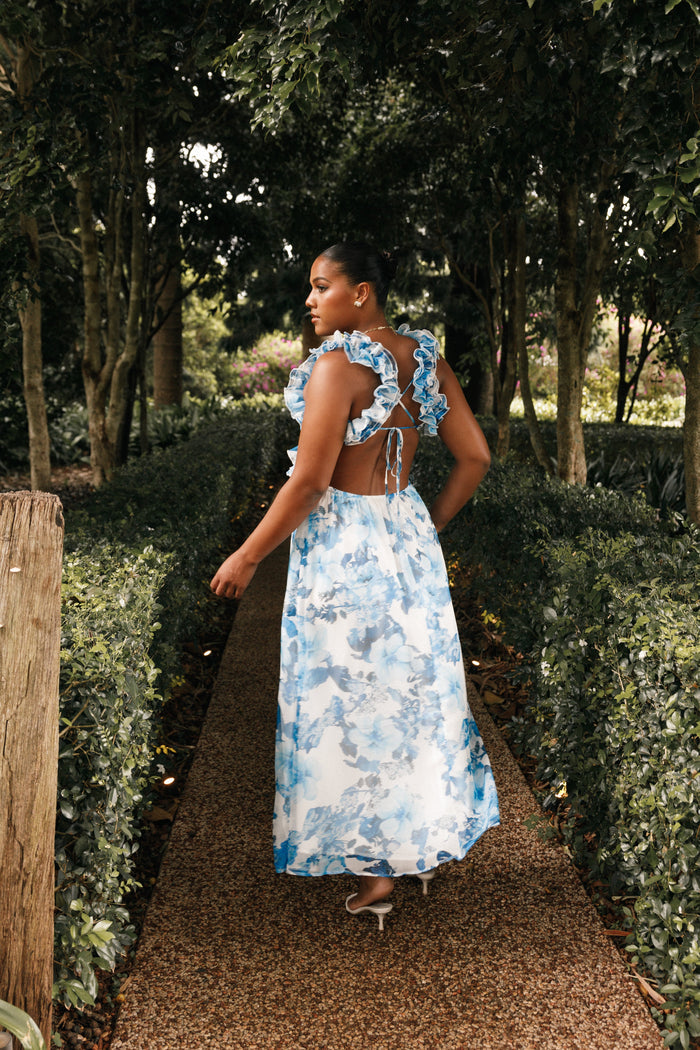 Petal and Pup USA DRESSES Lucah Frill Shoulder Maxi Dress - Blue White Floral