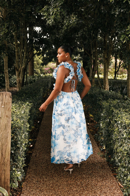 Petal and Pup USA DRESSES Lucah Frill Shoulder Maxi Dress - Blue White Floral