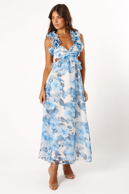 Petal and Pup USA DRESSES Lucah Frill Shoulder Maxi Dress - Blue White Floral