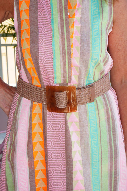 Lucite Square Buckle Raffia Belt Mocha