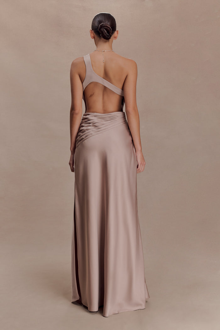 Lyla Asymmetrical Satin Maxi Dress - Bronze Taupe