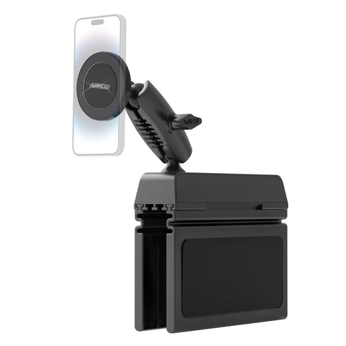 The Magnetic Phone Holder Console Wedge Mount—MagSafe compatible—features a sturdy base, flexible arm for positioning, and securely holds your phone in place with a black magnetic mount designed for cup holders.