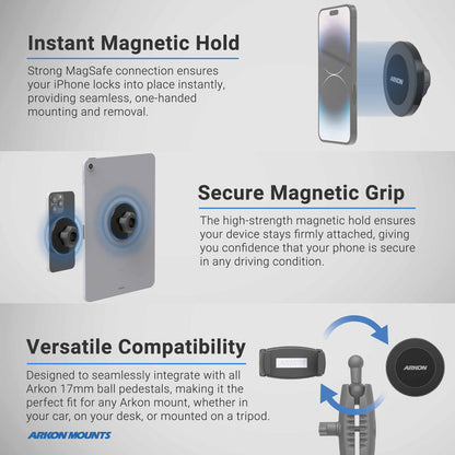 Infographic showcasing the Arkon Mounts Robust® Dual Shaft Cup Holder Mount with Magnetic Phone Holder (25mm, MagSafe Compatible), highlighting its instant magnetic hold, secure grip, and versatile compatibility with ball pedestals. Features labeled product images and descriptive text to illustrate the unique benefits of this magnetic phone holder—such as the adjustable dual 25mm shaft arm and convenient cup holder mount—for easy and secure device mounting in any vehicle.