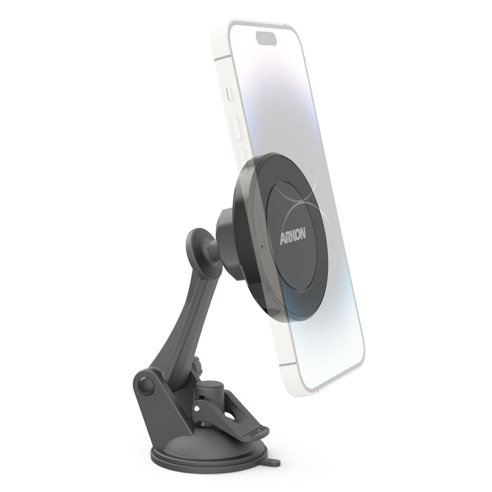 The Magnetic Phone Holder with Sticky Suction Mount - MagSafe Compatible keeps your smartphone upright with an adjustable arm and base, ensuring secure use on flat surfaces like dashboards or desks.