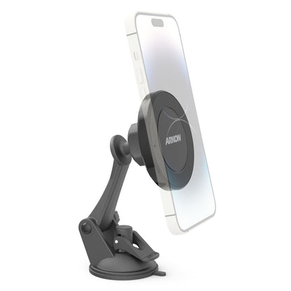 The Magnetic Phone Holder with Sticky Suction Mount - MagSafe Compatible keeps your smartphone upright with an adjustable arm and base, ensuring secure use on flat surfaces like dashboards or desks.