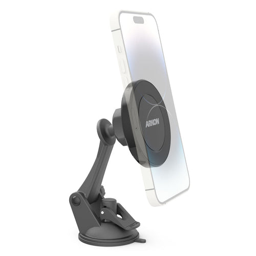 The Magnetic Phone Holder with Sticky Suction Mount - MagSafe Compatible keeps your smartphone upright with an adjustable arm and base, ensuring secure use on flat surfaces like dashboards or desks.