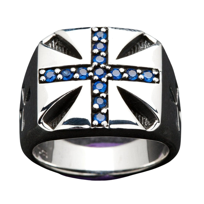 A stylish men's Maltese cross ring, featuring channel-set blue stones in a solid 925 silver signet style.
