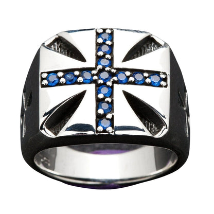 A stylish men's Maltese cross ring, featuring channel-set blue stones in a solid 925 silver signet style.